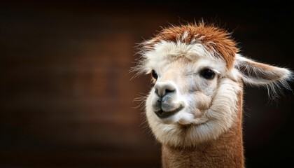 Fototapeta premium A fluffy brown alpaca poses with a whimsical head tilt, radiating joy and curiosity. This lighthearted moment captures the soothing essence of this lovable creature, perfect for animal lovers