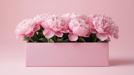 Luxurious gift box wrapped in velvet, subtle grain texture, topped with fresh peonies, serene pink gradient as the backdrop, symbolizing elegance