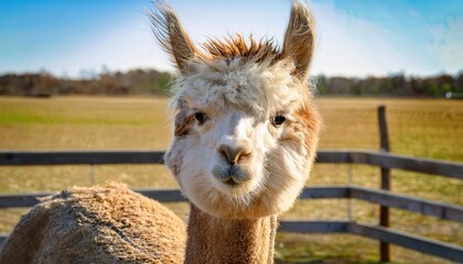 Obraz premium Freshly sheared alpaca captures attention with its quirky expression and fluffy head while basking in the gentle sunlight of a tranquil pasture