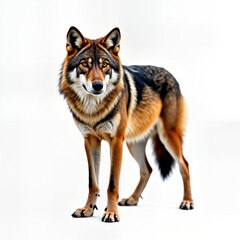 Obraz premium Strong brown wolf stands isolated on white background. Wild animal with captivating eye contact. Majestic predator with striking fur pattern. Perfect for wildlife enthusiasts graphic design projects.