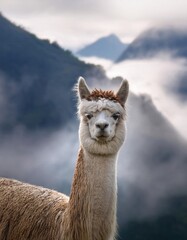 Obraz premium A curious alpaca stands amidst soft, rolling mist in the mountains, showcasing its fluffy wool and serene expression. This enchanting moment captures the calm beauty of nature