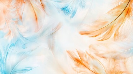 Intricately patterned feathers in soft pastel hues, symmetrical layout, delicate watercolor, ethereal atmosphere, light beige backdrop