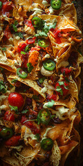 Fototapeta premium Indulge in Flavorful Nachos: Tortilla Chips Topped with Melted Cheese, Fresh Vegetables, Spicy Jalapeños, and Colorful Toppings for a Savory, Crunchy, Festive Appetizer or Snack