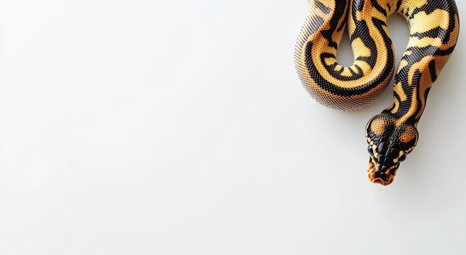 On a white background, the Reticulated Python - Malayopython reticulatus is coiled up and prepared to strike