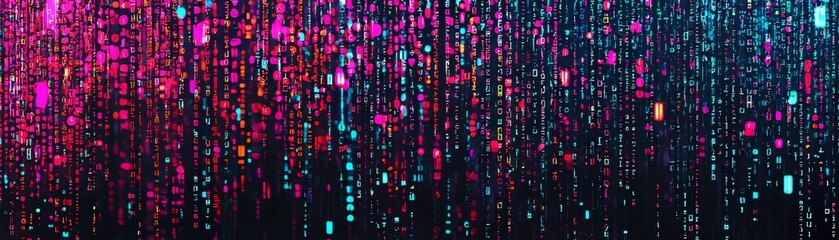 Interwoven streams of binary code creating a digital tapestry, glowing softly in vibrant cyan and magenta against a deep black background