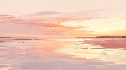 Obraz premium Intimate aerial capture of a secluded tropical beach at dusk, soft pink and orange hues painting the sky and reflecting on the water, minimalistic illustration, soft brushstrokes