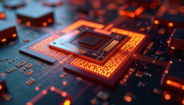 Extreme close-up view of quantum processor chip. Superconducting qubits, quantum computing architecture highlighted. Tech advanced chip design shown. Modern computer chip technology presented in
