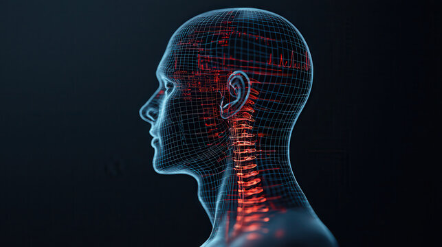 Futuristic 3D holographic representation of human head and spine, showcasing advanced medical technology and AI assisted diagnostics. intricate wireframe design highlights anatomical features
