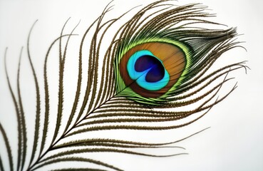 Obraz premium Peacock feather isolated white background. Vibrant colours. Detailed view of textures, patterns. Beautiful design. Decorative element. Natural beauty of feathers. Unique colours composition. Perfect