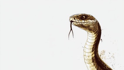 Fototapeta premium Nature's baby cobra snake, a reptile, is illustrated in a watercolour style with a white minimalist backdrop
