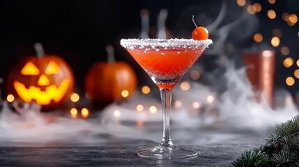 Martini glass with a blood-red cocktail, eerie fog swirling around, dramatic Halloween decor in the background, spooky drink design