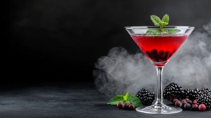 Martini glass with a blood-red cocktail, eerie fog swirling around, dramatic Halloween decor in the background, spooky drink design