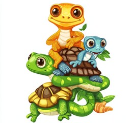 Fototapeta premium Collection of Cartoon Reptile Animals with Parent and Baby