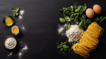 Fresh pasta ingredients including eggs, flour, basil, and olive oil arranged on dark surface. Perfect for creating delicious homemade pasta dishes