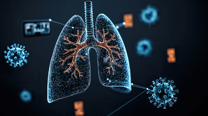 Digital illustration of human lungs with bacterial infections, showcasing intricate details and surrounding virus representations. This highlights respiratory health and infections