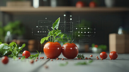 Fresh tomatoes with digital nutritional data overlay, showcasing health benefits and vibrant colors. Ideal for food technology and healthy eating concepts