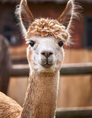 Obraz premium Fluffy alpaca stands proudly, displaying its unique quizzical expression against the backdrop of a peaceful farm. Soft light enhances its charming features, inviting a sense of tranquility