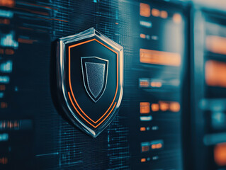 Growth concept of e-commerce marketplace. Digital Security Shield on Computer Screen with Data Code Elements