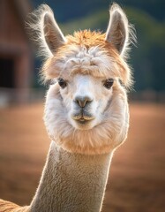 Obraz premium Joyful alpaca gazes at the viewer with an inquisitive expression, surrounded by a peaceful farm environment and soft evening light, showcasing its fluffy wool and charming personality