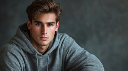Fototapeta premium Portrait studio shot of a handsome and attractive young male model wearing a gray hoodie, looking at the camera with neutral face expression. caucasian man sitting, guy posing.