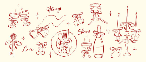 Hand drawn coquette aesthetics elements. Vintage cute symbols with ribbon and bow in simple crayon and sketch style. Trendy art for Valentine day and wedding invitations. Outline vector illustration