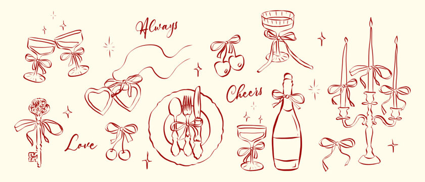 Naklejki Hand drawn coquette aesthetics elements. Vintage cute symbols with ribbon and bow in simple crayon and sketch style. Trendy art for Valentine day and wedding invitations. Outline vector illustration