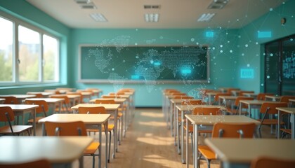 Empty classroom interior shows desks, chairs. Modern tech integrated learning space. Global connectivity concept. AI-generated image. Suitable for educational content, design trends, tech innovation.