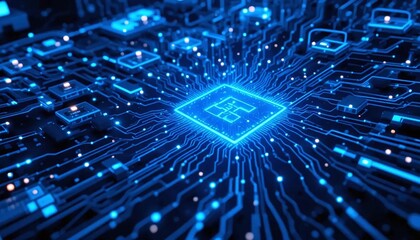 blue microchip with glowing circuitry connections representing artificial intelligence data processing and high speed computing in futuristic digital technology innovation and electronics