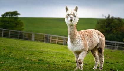 Obraz premium A playful shorn alpaca with a fluffy head stands elegantly in a lush green pasture, embodying tranquility and cuteness. The animal gazes curiously while enjoying the serene outdoor environment