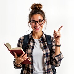 Smiling student holds open book and points. Female person wears glasses and a checked shirt. She has a stylish bun and a backpack. She happy and confident, showing something exciting.