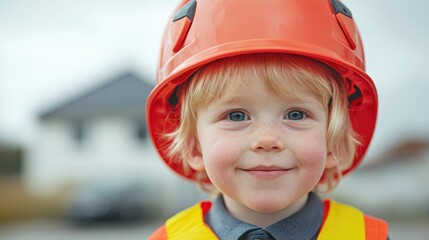 Toddler in hardhat smiles near new home construction