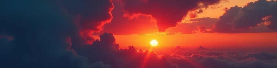 Fototapeta premium Heavy cloud cover glows vibrant orange as the sun dips below the horizon , vibrant, twilight