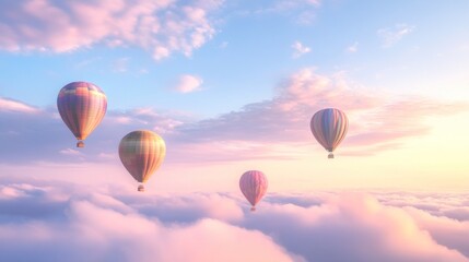 Obraz premium Colorful hot air balloons soar above clouds at sunrise, idyllic travel poster