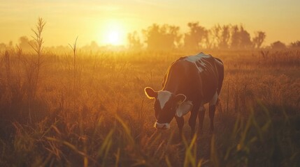 Obraz premium Sunrise Calf Grazing Misty Meadow Pasture