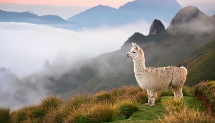 Fototapeta premium Set against a backdrop of rolling hills shrouded in fog, a lone alpaca stands tranquil at sunrise, showcasing its fluffy wool and calm demeanor amidst enchanting scenery
