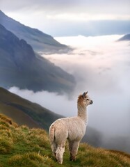 Fototapeta premium A solitary alpaca stands on a lush, fog-kissed hillside, gazing into the mist that envelops the mountainous terrain. This enchanting moment captures the quiet charm of nature