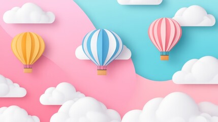 Pastel hot air balloons float above pink, blue cloudscape; paper art style, ideal for children's book illustration