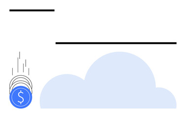 Coins falling towards cloud icon representing digital transactions and cloud-based payment processing. Ideal for finance, e-commerce, banking, fintech, digital wallet, technology firms, startups