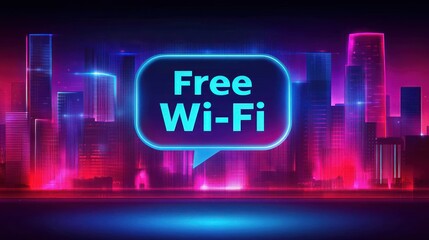 Free Wi-Fi neon sign over futuristic city