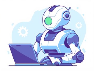 Fototapeta premium an AI robot working on a laptop, using light purple, dark blue, and green accents. 