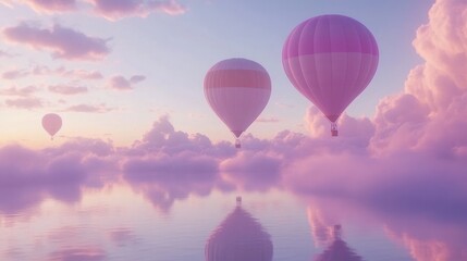 Obraz premium Pink hot air balloons soar above dreamy cloudscape, reflecting in tranquil water, sunset