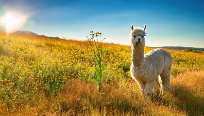 Fototapeta premium A lively alpaca joyfully nibbles on wildflowers in a vibrant summer meadow, surrounded by bright blooms and basking in the warmth of the golden sun