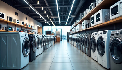 Fototapeta na wymiar Modern electronics store displays various appliances under bright lighting. Washing machines, microwaves are neatly arranged. Interior is clean, spacious. Perfect for shopping for home appliances.