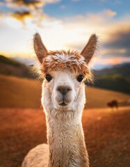 Obraz premium A charming alpaca looks directly at the camera, showcasing its fluffy wool and delightful expression. The beautiful sunset creates a soothing background in a tranquil outdoor setting