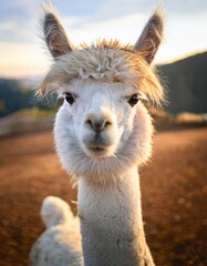 Obraz premium A fluffy alpaca gazes directly at the camera with a quirky expression, surrounded by soft natural light