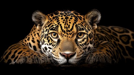 Obraz premium Jaguar portrait, resting, black background, wildlife, nature, conservation