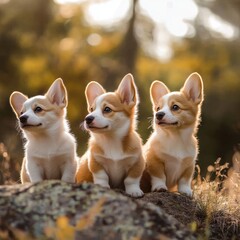 Obraz premium Three corgis posing outdoors in autumn, nature background, pet adoption