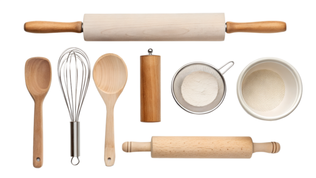 Kitchen tools arranged for baking preparation