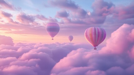 Fototapeta premium Pastel hot air balloons soar above dreamy clouds at sunset, ideal for travel posters