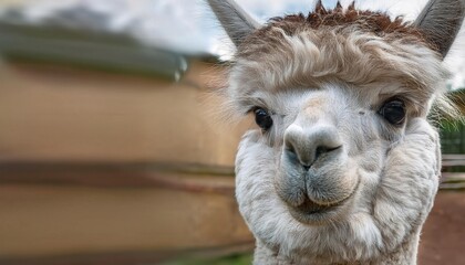 Fototapeta premium This delightful close-up features a fluffy alpaca with soft fur, radiating charm and warmth. Set against a tranquil backdrop, it evokes feelings of joy and relaxation, perfect for animal lovers